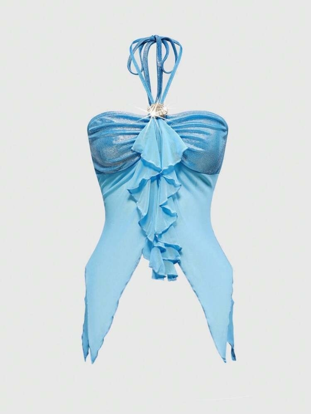 Blue Ruffled Seashell Halter Top